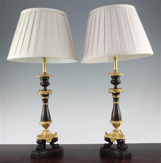 A pair of French bronze and ormolu Empire style table lamps, 19.5ins high